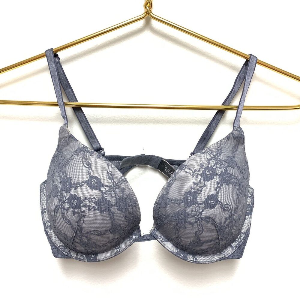 Victorias‎ Secret Push Up Bra Size 32D Grey Lace Convertible Straps Padded